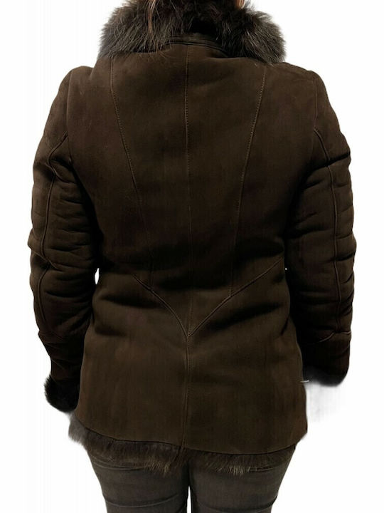 Mouton Women's Brown Peacoat with Fur Details
