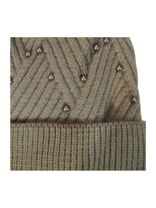 Pom Pom Beanie Beanie with Knit in Beige color