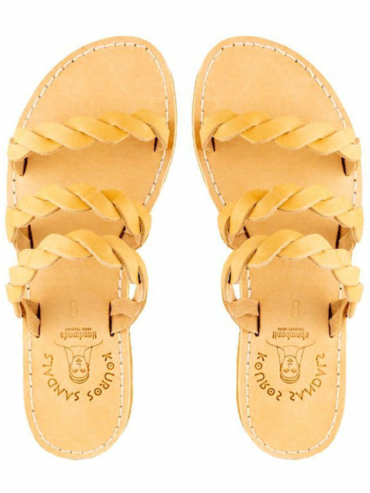 Leather Women's Flat Sandals in Beige Color