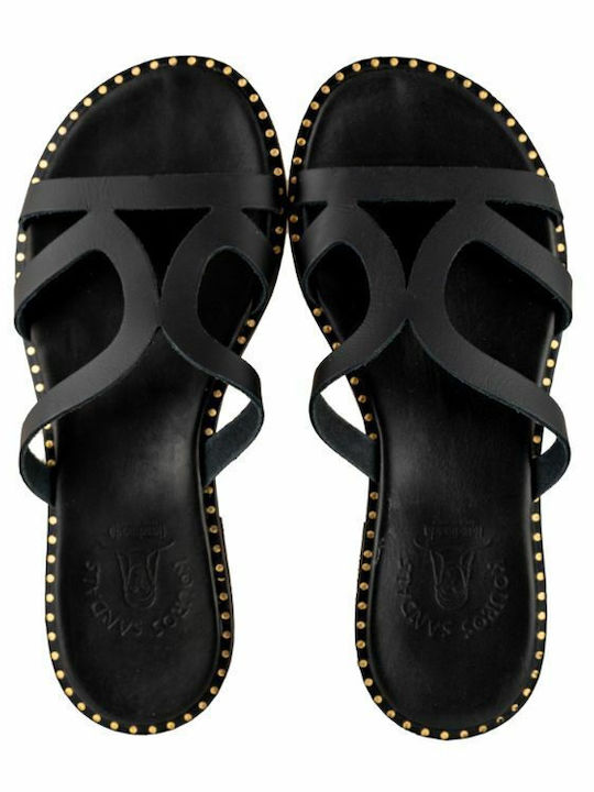 Leather Women's Flat Sandals in Black Color
