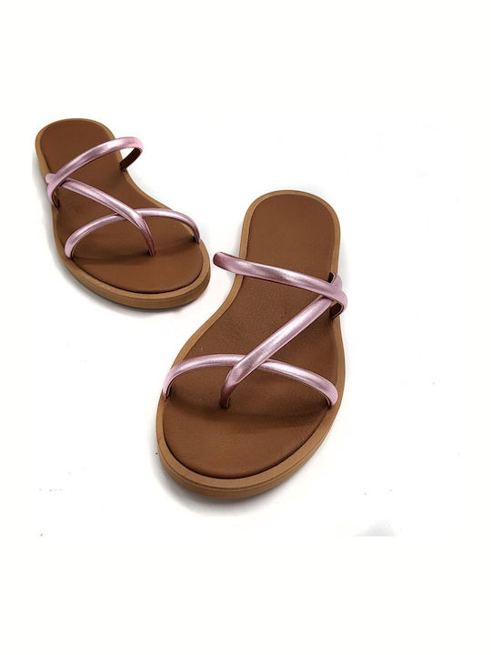 Leather Women's Flat Sandals in Pink Color