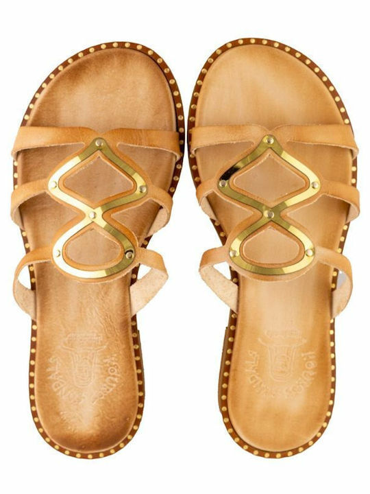 Leather Women's Flat Sandals in Beige Color
