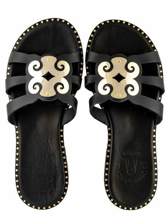 Leather Women's Flat Sandals in Black Color