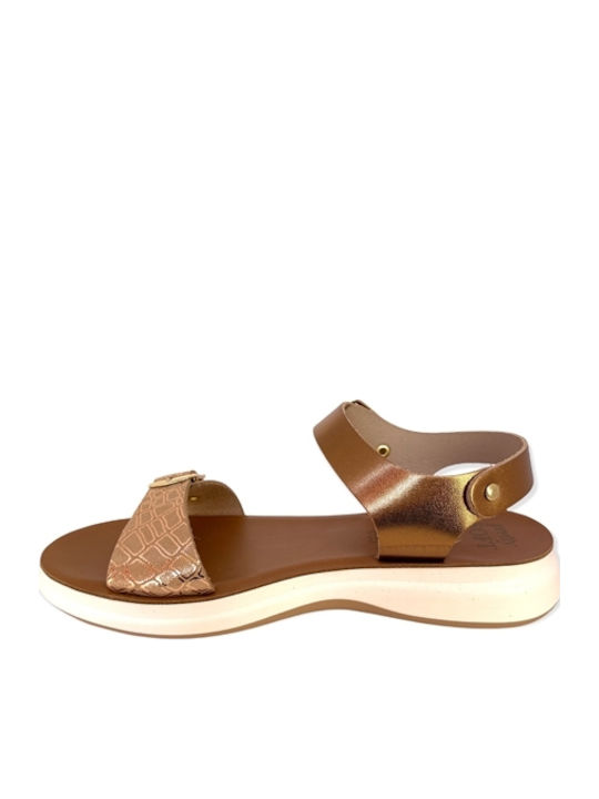 Leder Flache Sandalen für Damen Anatomisch mit Riemen in Gold Farbe