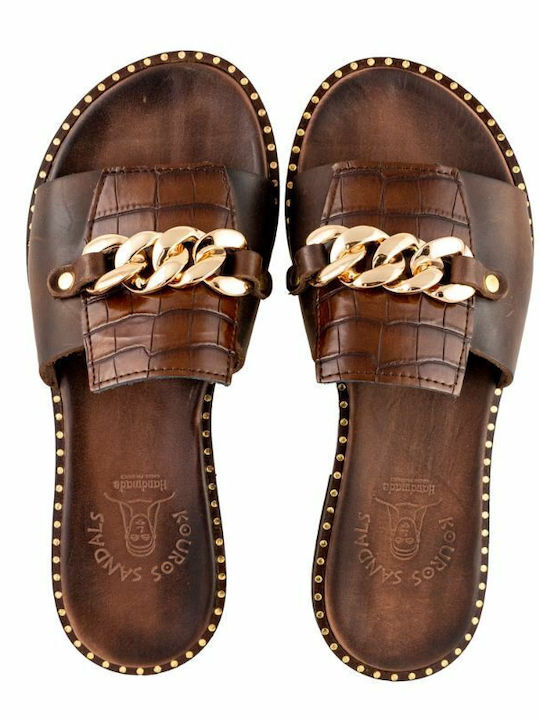 Leather Women's Flat Sandals in Brown Color
