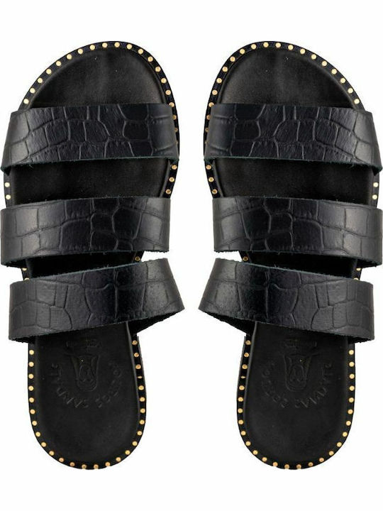 Leather Women's Flat Sandals in Black Color