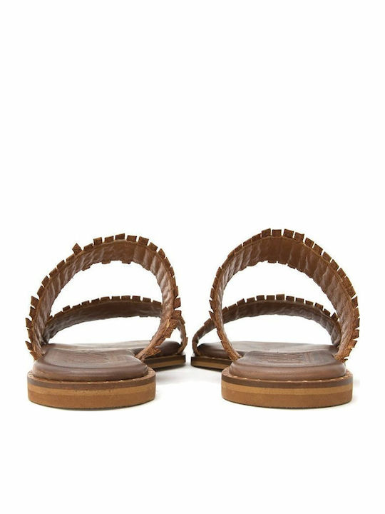 Leather Women's Flat Sandals in Tabac Brown Color