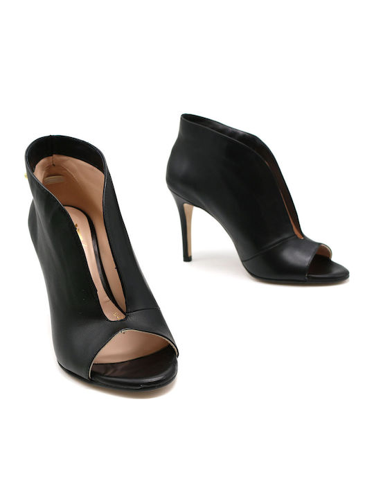 Δερμάτινες Peep Toe Γόβες με Τακούνι Στιλέτο Μαύρες