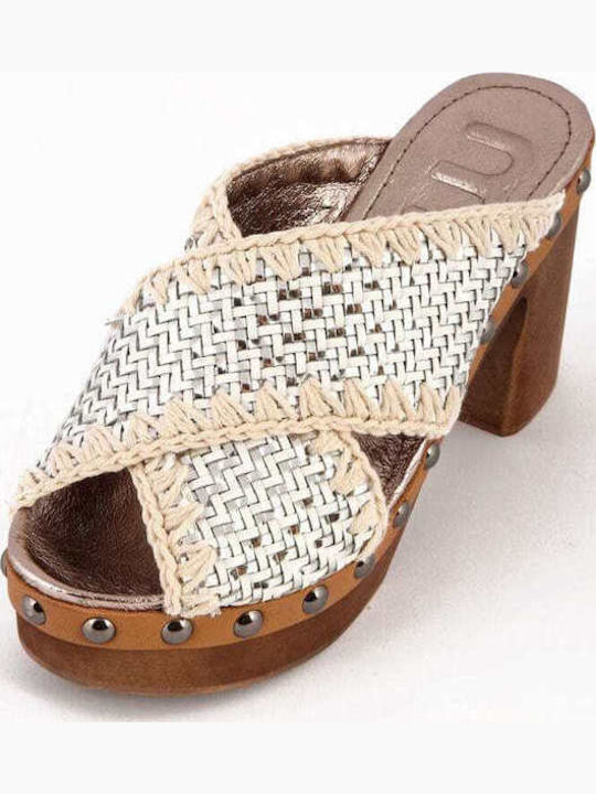 Leder Mules mit Chunky Hoch Absatz in Silber Farbe