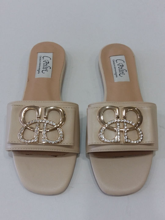 Leather Women's Flat Sandals in Beige Color