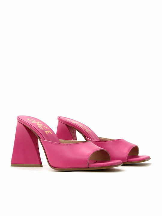 Leather Mules with Chunky High Heel in Fuchsia Color