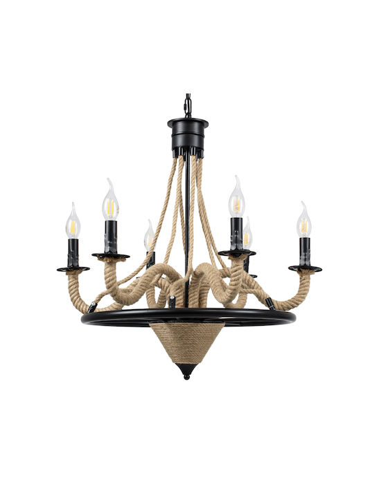 GloboStar Pennsylvania Πολυέλαιος 6xE14 Ø64cm με Σχοινί Μαύρος 00541