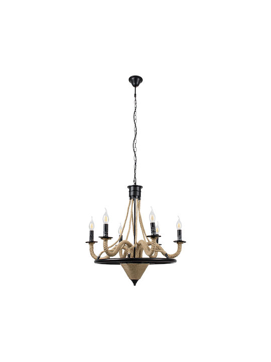 GloboStar Pennsylvania Πολυέλαιος 6xE14 Ø64cm με Σχοινί Μαύρος 00541