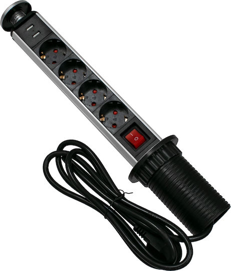 GloboStar Τετραπλή Χωνευτή Πρίζα Ρεύματος με 2 Θύρες USB Χωνευτό Πτυσσόμενο Μαύρη