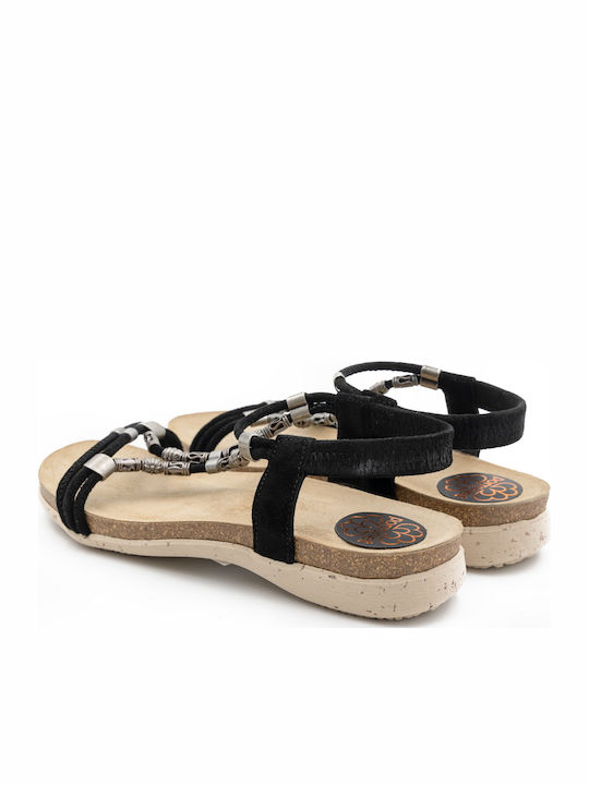 Leather Women's Flat Sandals in Black Color