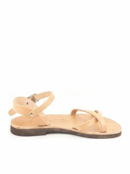 Leather Women's Flat Sandals in Beige Color