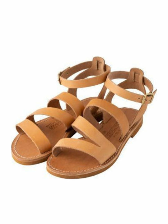Leather Women's Flat Sandals in Beige Color