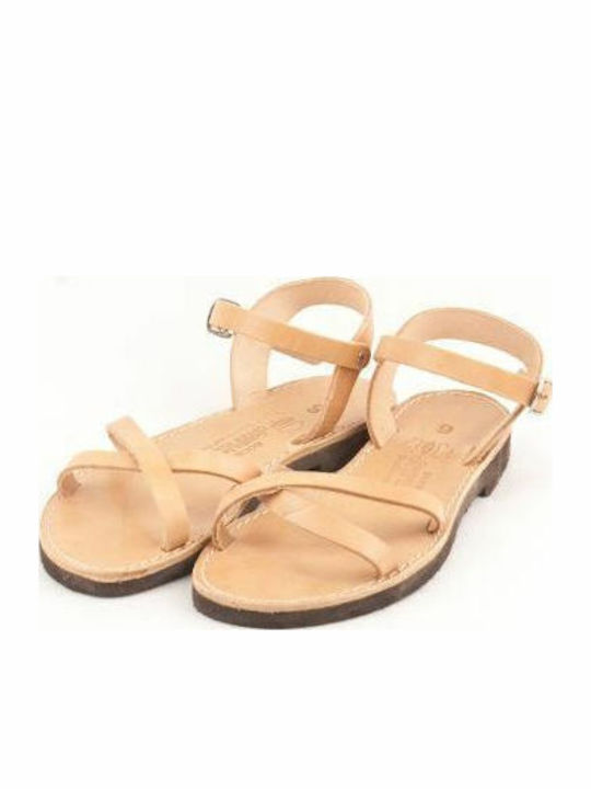 Leather Women's Flat Sandals in Beige Color