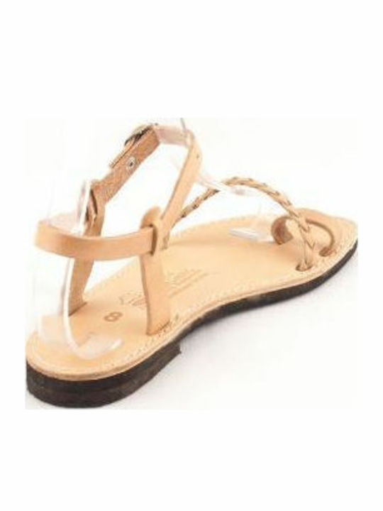 Leather Women's Flat Sandals with Strap in Beige Color