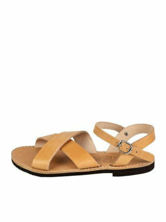 Leather Women's Flat Sandals with Strap in Beige Color