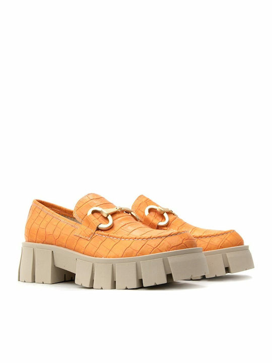 Leather Women's Loafers in Orange Color