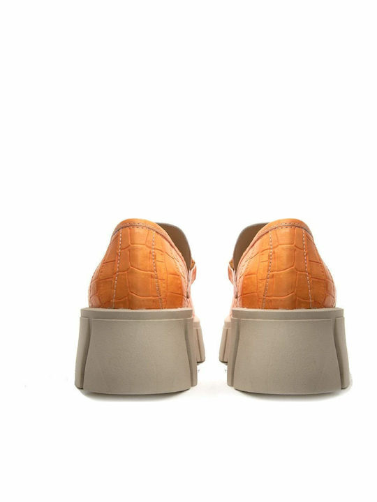 Leather Women's Loafers in Orange Color