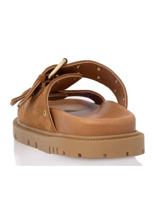 Leather Women's Flat Sandals Anatomic in Tabac Brown Color