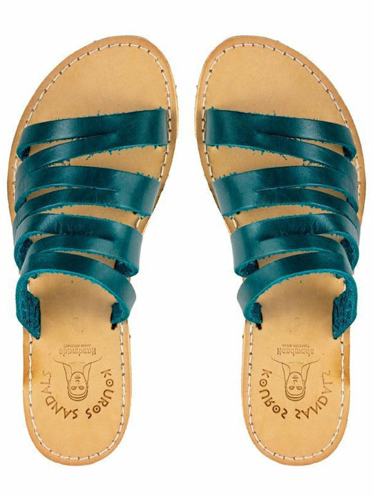 Leather Women's Flat Sandals in Green Color