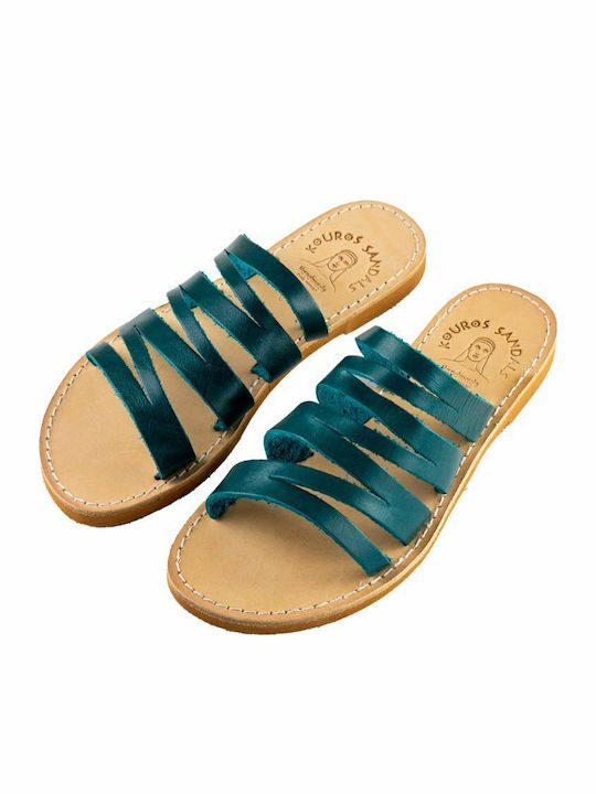 Leather Women's Flat Sandals in Green Color