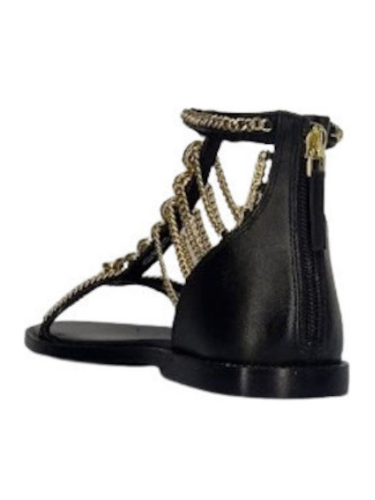 Leather Women's Flat Sandals with Strap in Black Color