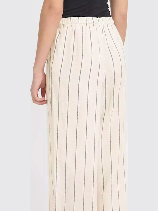 Women's Linen Trousers with Elastic Loose Fit Striped Natural Ecru