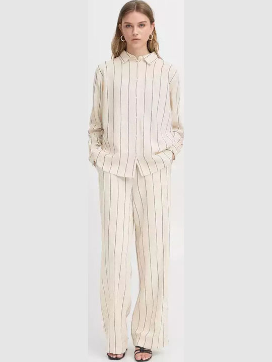 Women's Linen Trousers with Elastic Loose Fit Striped Natural Ecru
