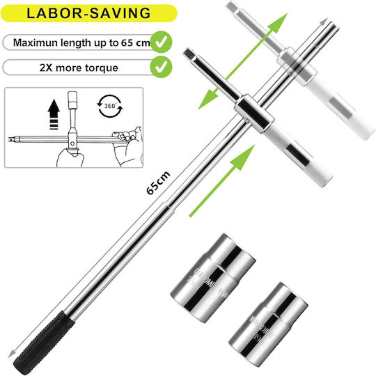 Universală Cheie de Roți Onuvio cu Set de Tubulare și Cutie de Transport pentru Piulițe de Anvelope cu Dimensiuni de 17/19 mm și 21/23 mm Pârghie Lungă Rezistentă și Retractabilă Ideală pentru Înlocuirea Anvelopelor la Auto Furgonete