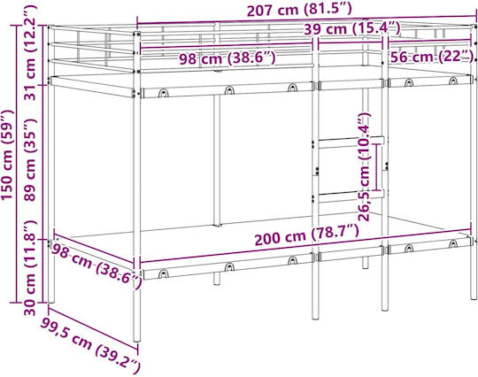 Pat pentru Copii Cușeta Single Negru pentru Saltea 100x200cm