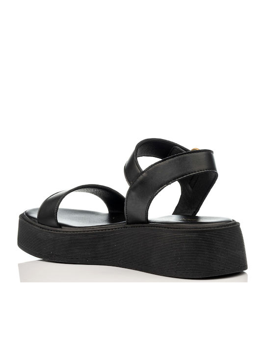 Leather Women's Flat Sandals Flatforms in Black Color