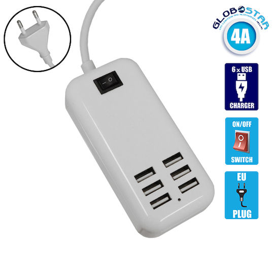 GloboStar Βάση Φόρτισης με 6 Θύρες USB-A 20W σε Λευκό χρώμα (69998)