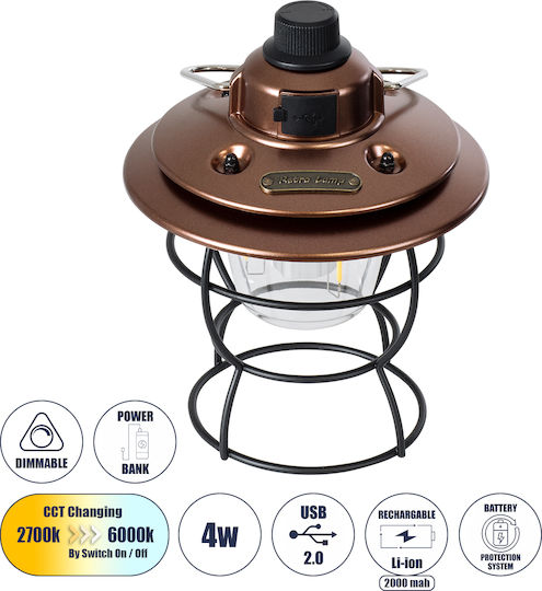 GloboStar Φανάρι Led Επαναφορτιζόμενο για Camping με Φακό 400lm 4W
