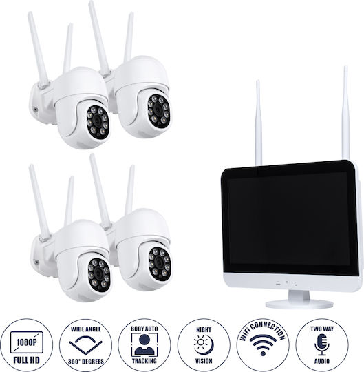GloboStar Surveillance System 4 Cameras Wireless Cameras IP 1080p with Recorder & Monitor