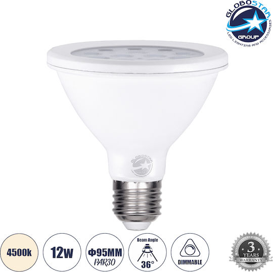 GloboStar Λάμπα LED 12W 95mm για Ντουί E27 και Σχήμα PAR30 Φυσικό Λευκό 1356lm