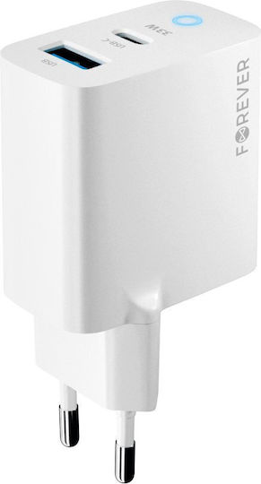 Forever Φορτιστής Χωρίς Καλώδιο με Θύρα USB-A και Θύρα USB-C 33W Power Delivery Λευκός (GSM171395)