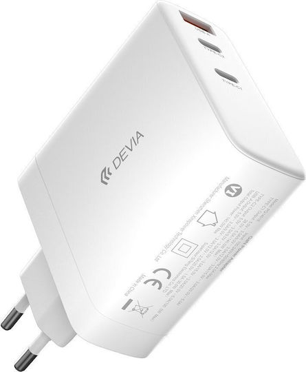 Devia Φορτιστής Χωρίς Καλώδιο GaN με Θύρα USB-A και 2 Θύρες USB-C 140W Power Delivery Λευκός (Extreme Speed Series)