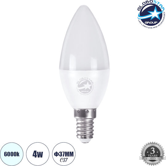 GloboStar Bec LED 4W 100mm pentru Soclu E14 și Formă C37 Alb rece 400lm