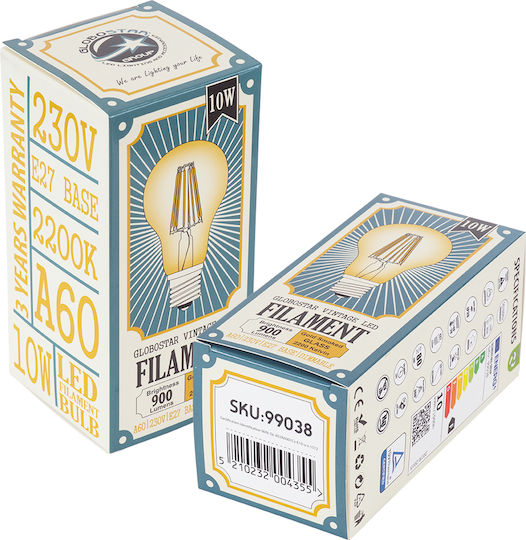 GloboStar Edison Retro LED Bulb 10W 105mm for Socket E27 and Shape A60 Warm White 1050lm Dimmable