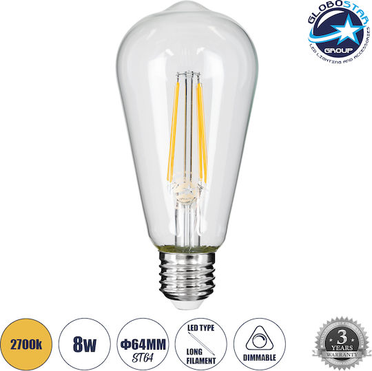 GloboStar Edison Retro LED Bulb 8W 145mm for Socket E27 and Shape ST64 Warm White 880lm Dimmable