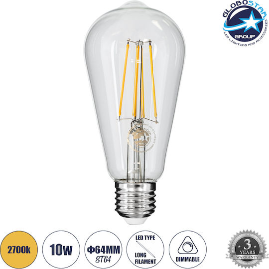 GloboStar Edison Retro LED Bulb 10W 145mm for Socket E27 and Shape ST64 Warm White 1100lm Dimmable