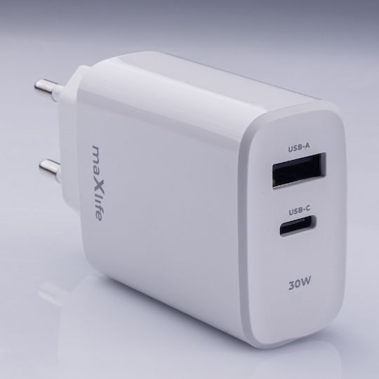 Maxlife Wireless Charger With USB-A Output Port And USB-C Output Port 30W Power Delivery Quick Charge 3.0 White (MXTC-10-30AC)