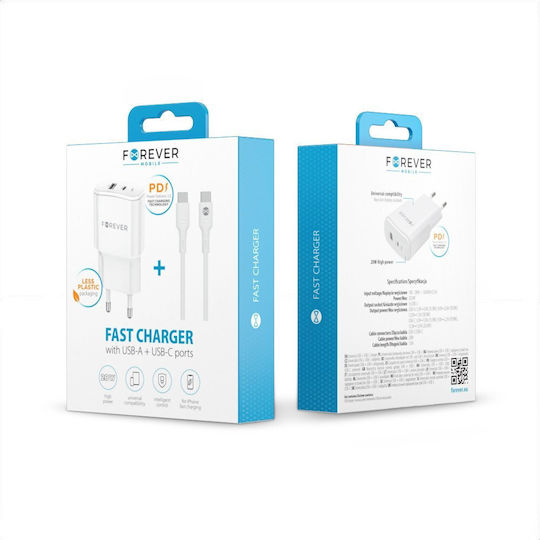 Forever Charger with USB-A Port and USB-C Port and Cable USB-C - USB-C 20W Power Delivery Whites (TC-01-20AC)