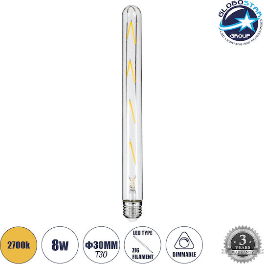 GloboStar Λάμπα LED 8W 300mm για Ντουί E27 και Σχήμα T30 Θερμό Λευκό 880lm Dimmable