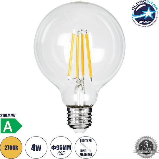 GloboStar LED крушка 4W 160mm за фасунга E27 и форма G95 Топло бяло 840лм Димируем