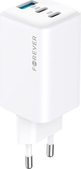 Forever Charger Without Cable GaN with USB-A Port and 2 USB-C Ports 65W Power Delivery Whites (TC-08-65ACC)